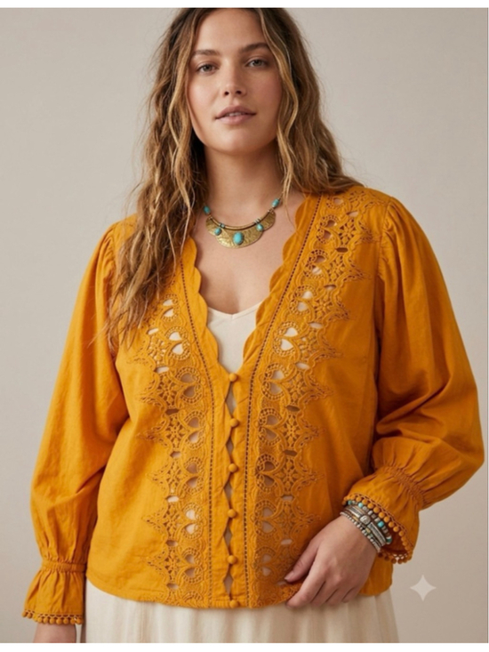 Free People Tops - Free People Orange Embroidered Blouse Size XL